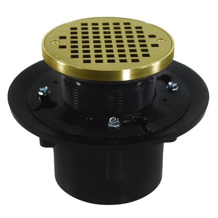 Jones Stephens 2inX3in Heavy Duty ABS Drain Base, 3-1/2in Plastic Spud, 5in Polished Brass Strainer, Ring D49028